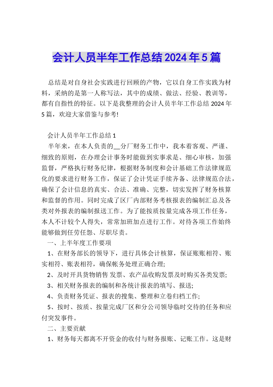 会计人员半年工作总结2024年5篇_第1页