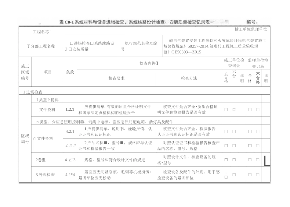 消防应急照明和疏散指示系统系统材料和设备进场检查、系统线路设计检查和安装质量检查记录_第1页