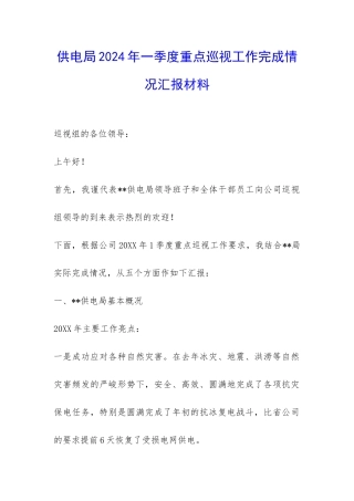 供电局2024年一季度重点巡视工作完成情况汇报材料-