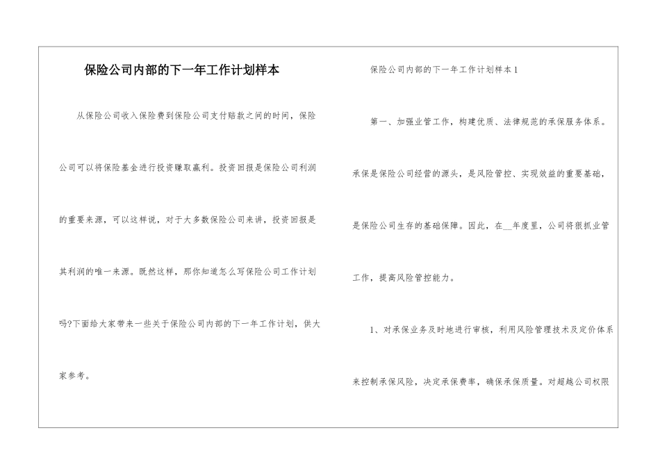 保险公司内部的下一年工作计划样本_第1页