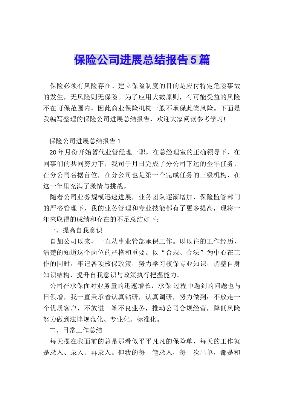 保险公司发展总结报告5篇_第1页