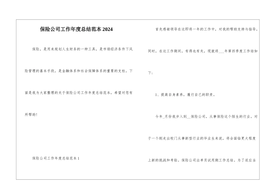 保险公司工作年度总结范本2024_第1页
