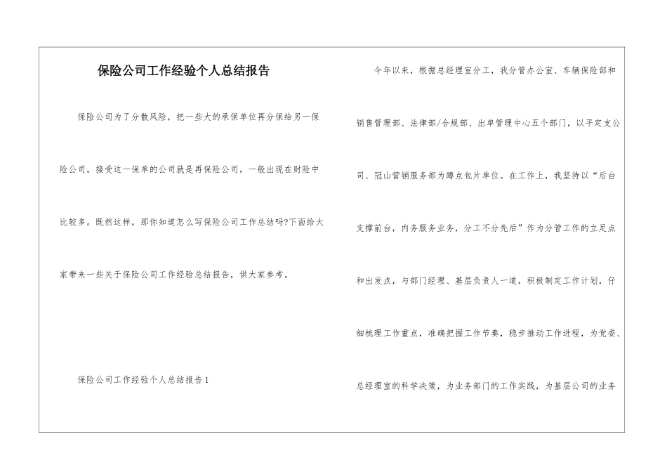 保险公司工作经验个人总结报告_第1页