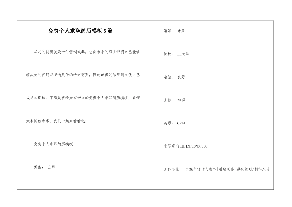 免费个人求职简历模板5篇_第1页