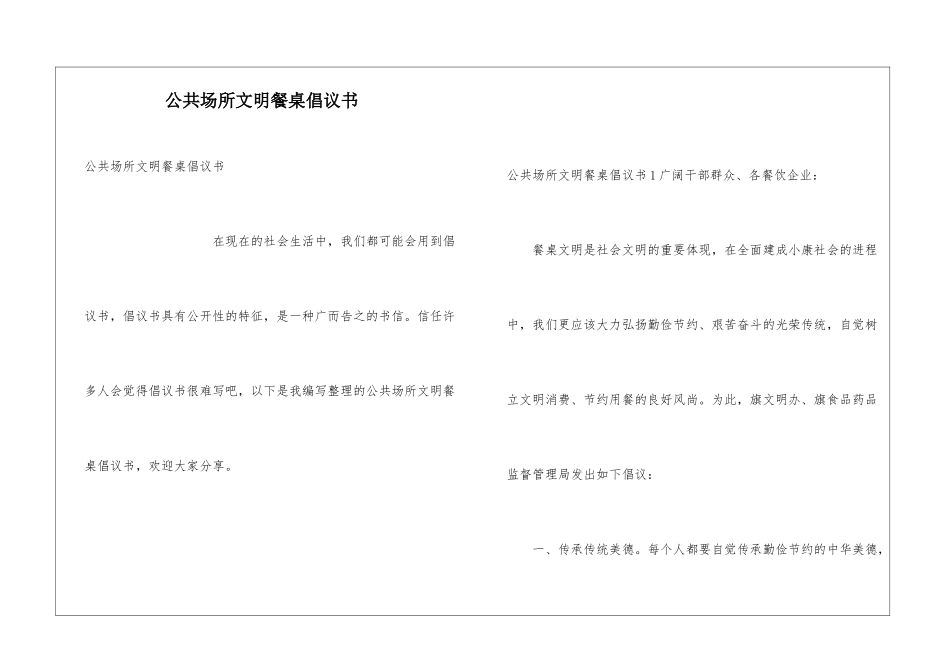 公共场所文明餐桌倡议书_第1页