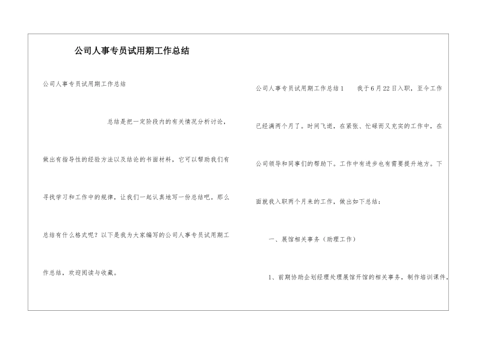 公司人事专员试用期工作总结_第1页