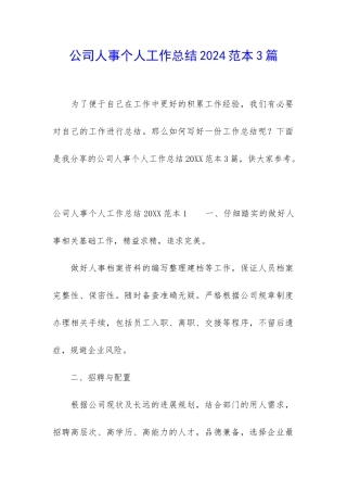 公司人事个人工作总结2024范本3篇