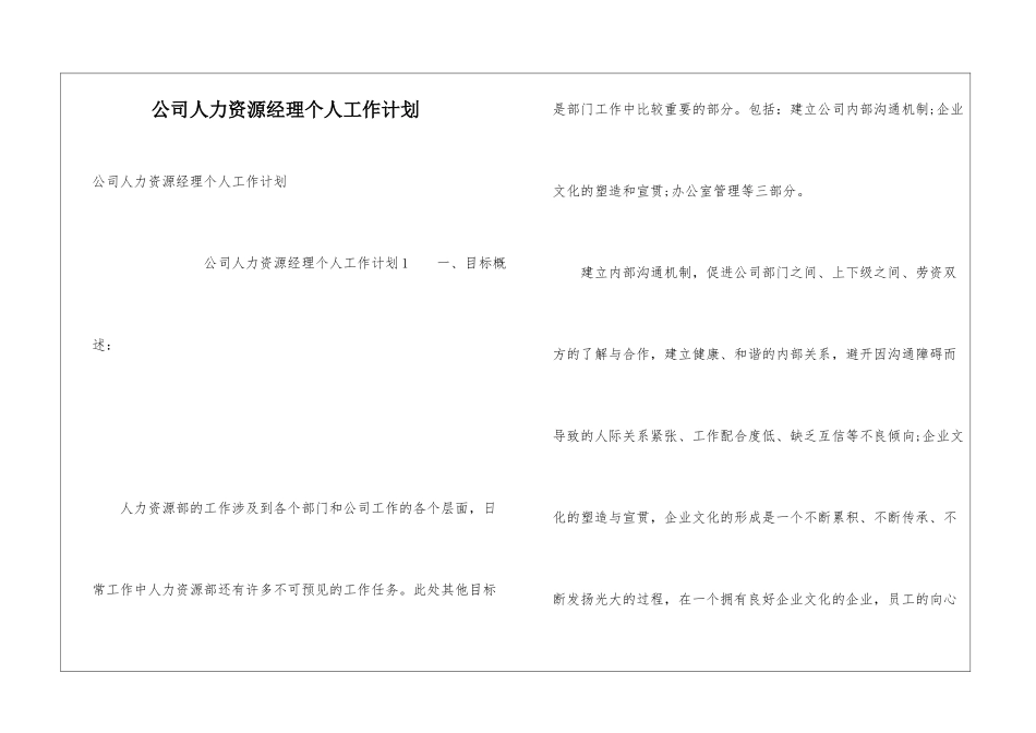 公司人力资源经理个人工作计划_第1页