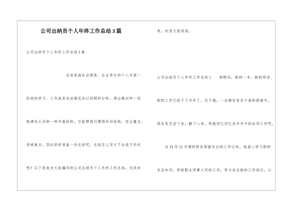 公司出纳员个人年终工作总结3篇_第1页