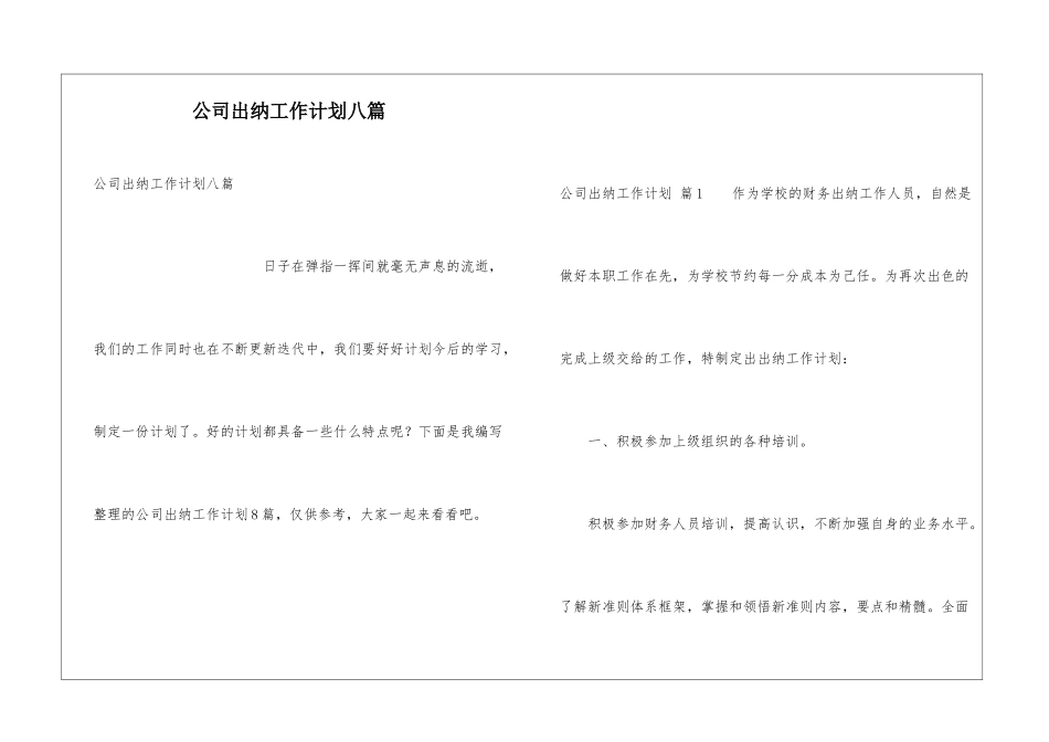 公司出纳工作计划八篇_第1页