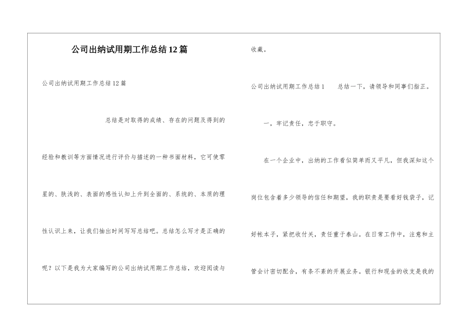 公司出纳试用期工作总结12篇_第1页