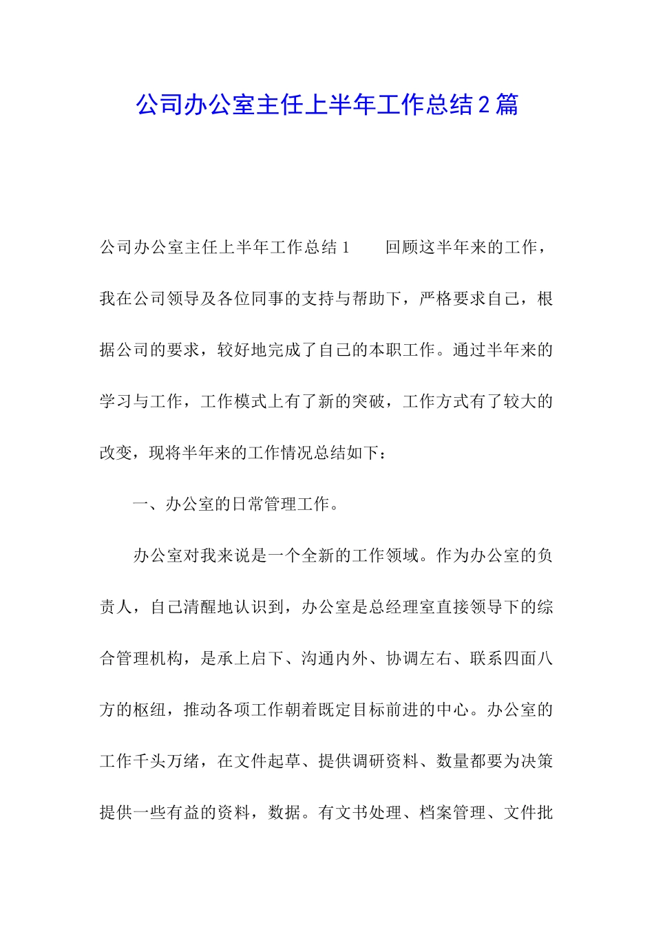 公司办公室主任上半年工作总结2篇_第1页