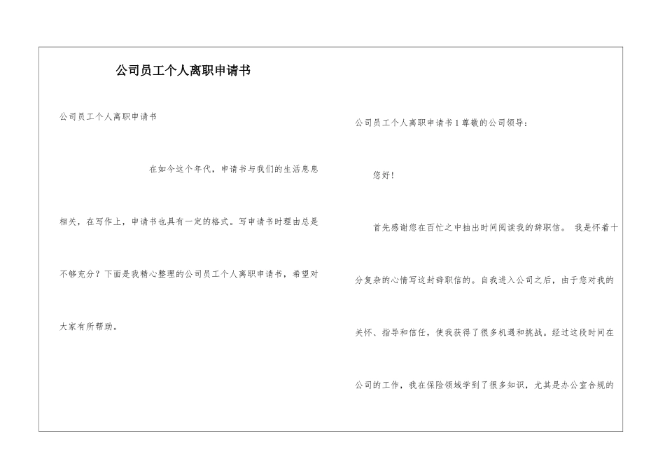 公司员工个人离职申请书_第1页