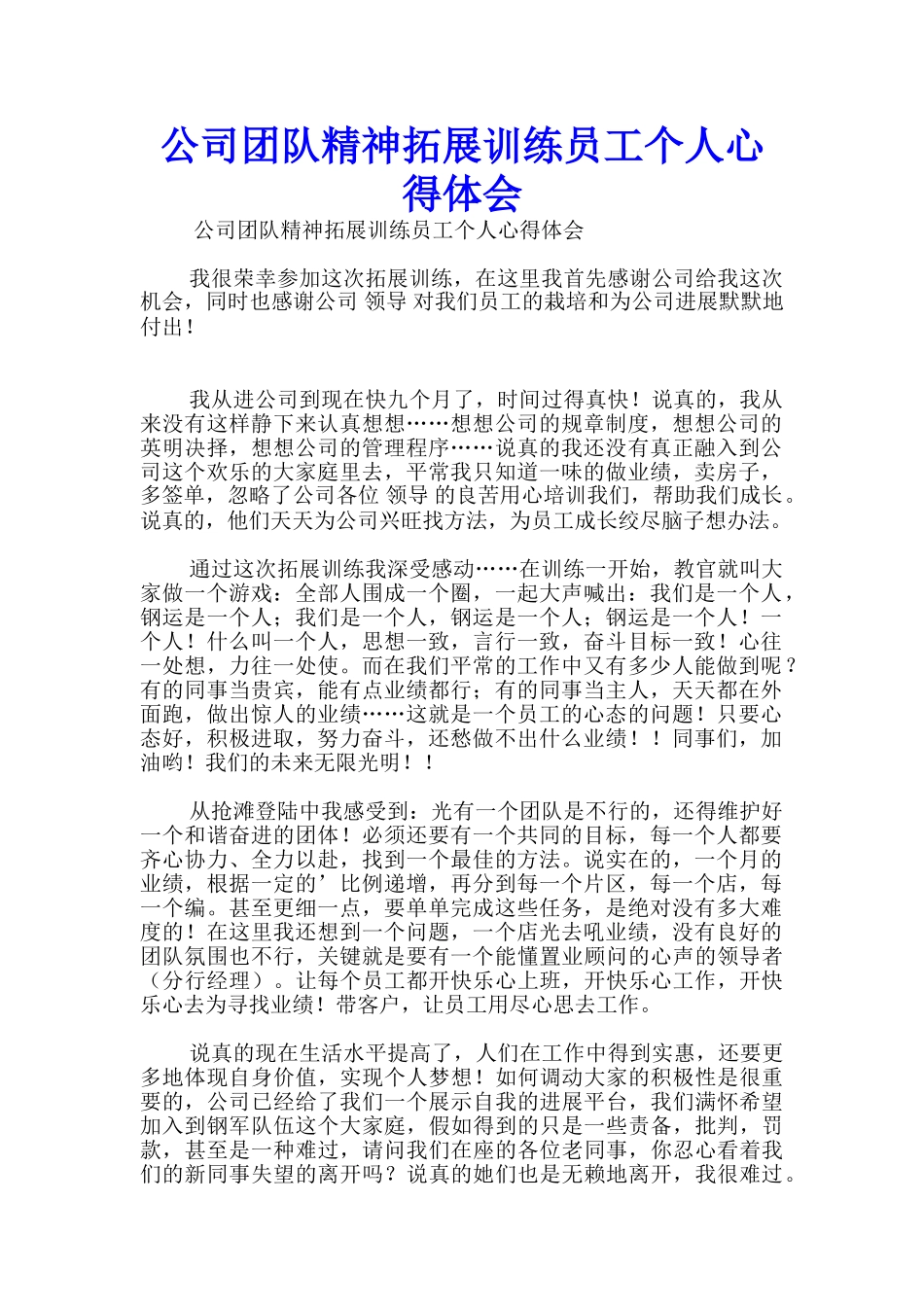 公司团队精神拓展训练员工个人心得体会_第1页