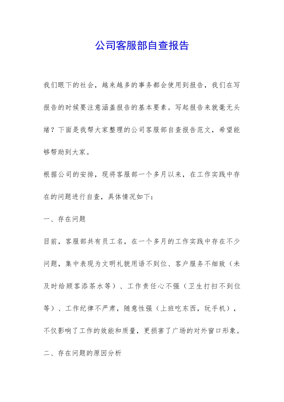 公司客服部自查报告-_第1页