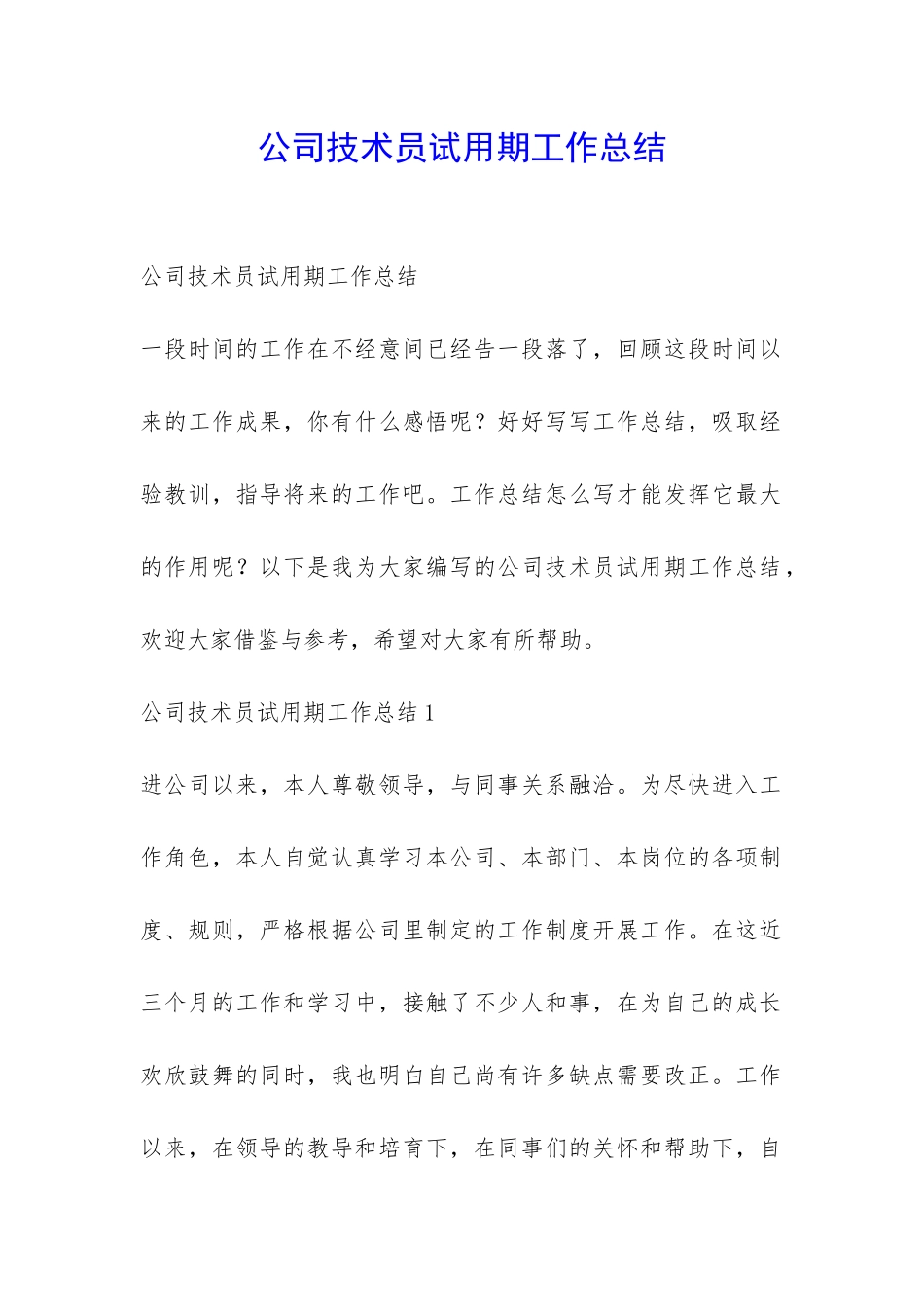 公司技术员试用期工作总结-_第1页