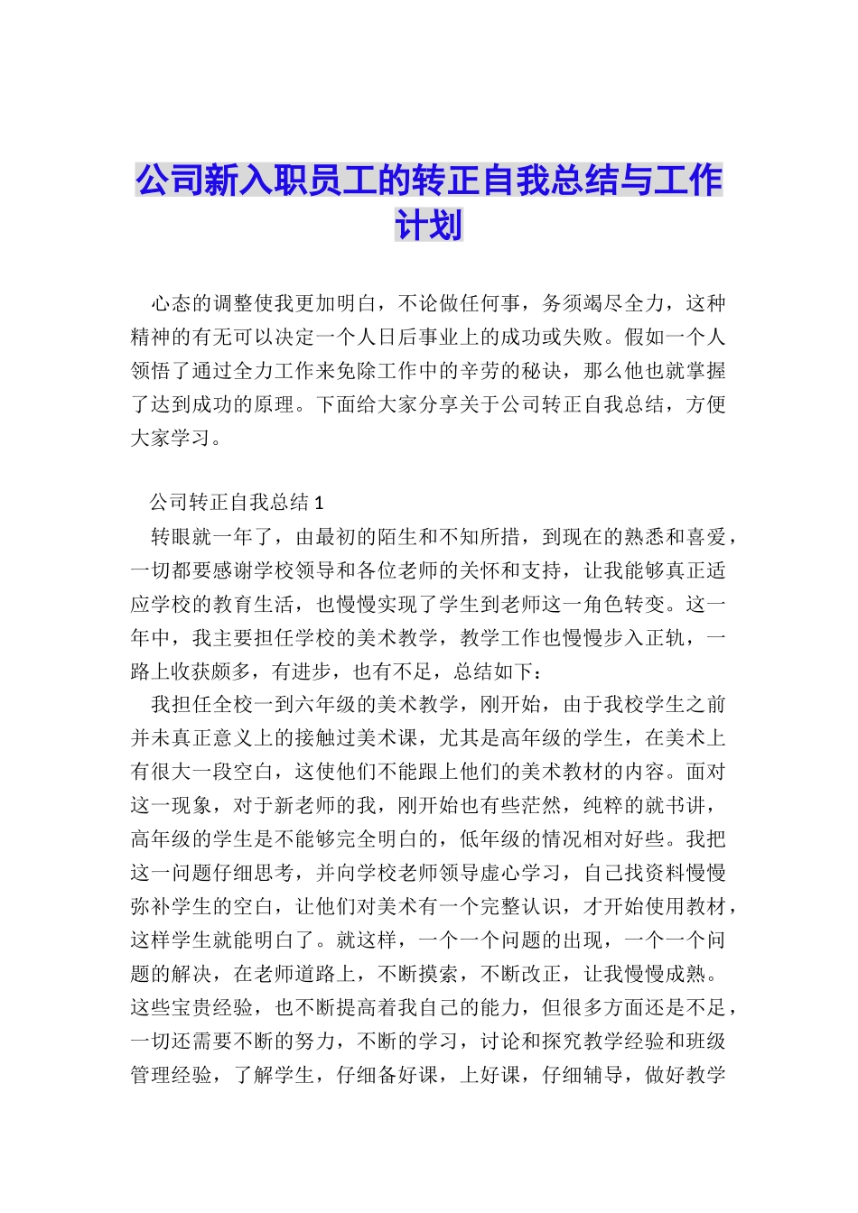 公司新入职员工的转正自我总结与工作计划_第1页