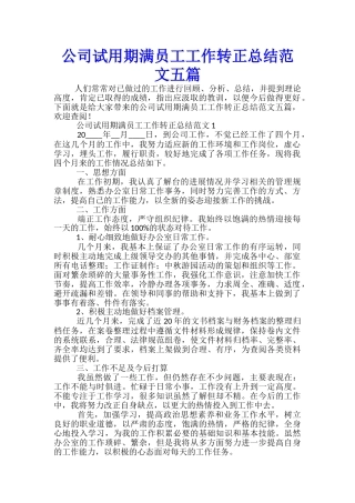 公司试用期满员工工作转正总结范文五篇