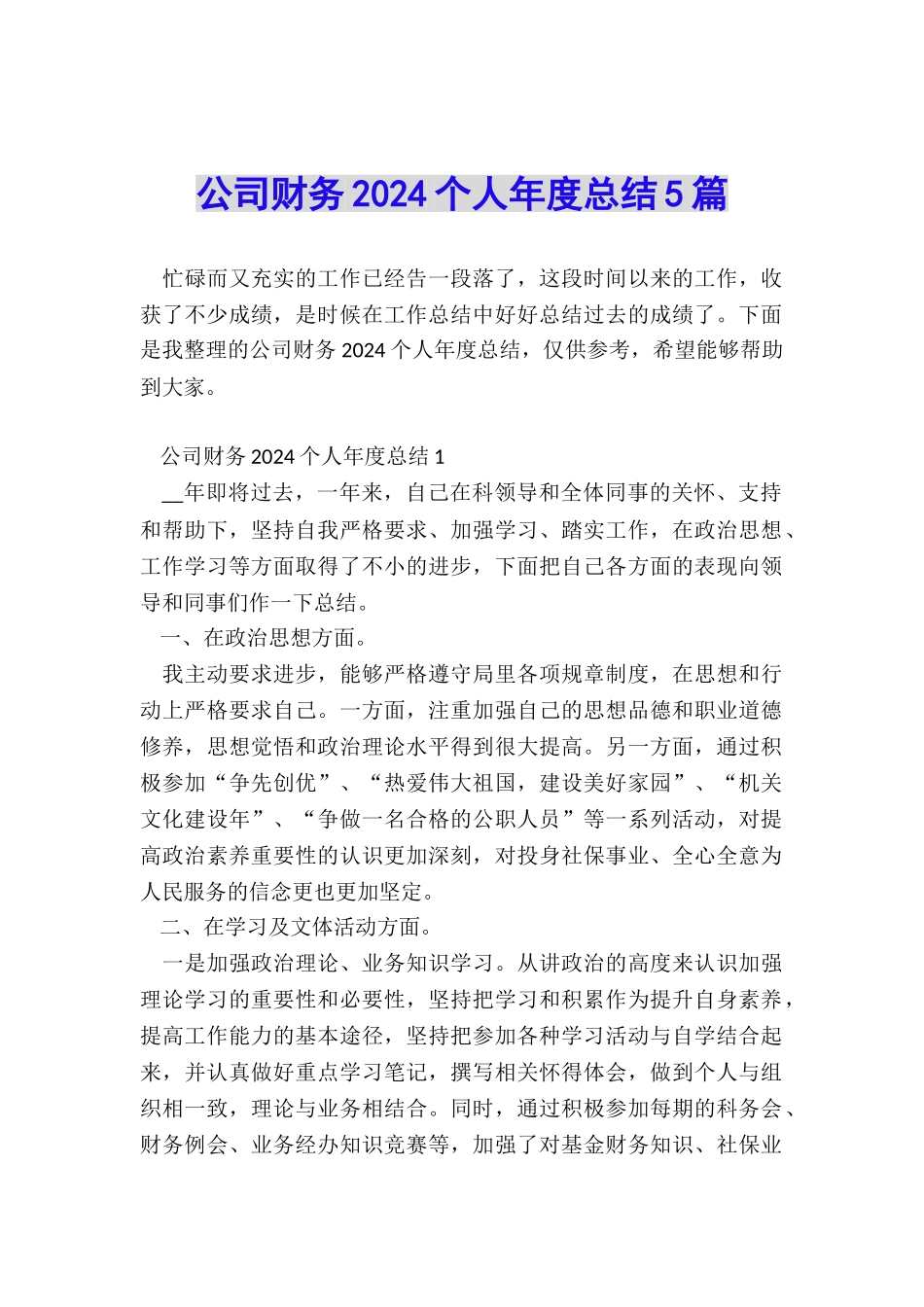 公司财务2024个人年度总结5篇_第1页