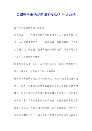 公司财务出纳试用期工作总结-个人总结-