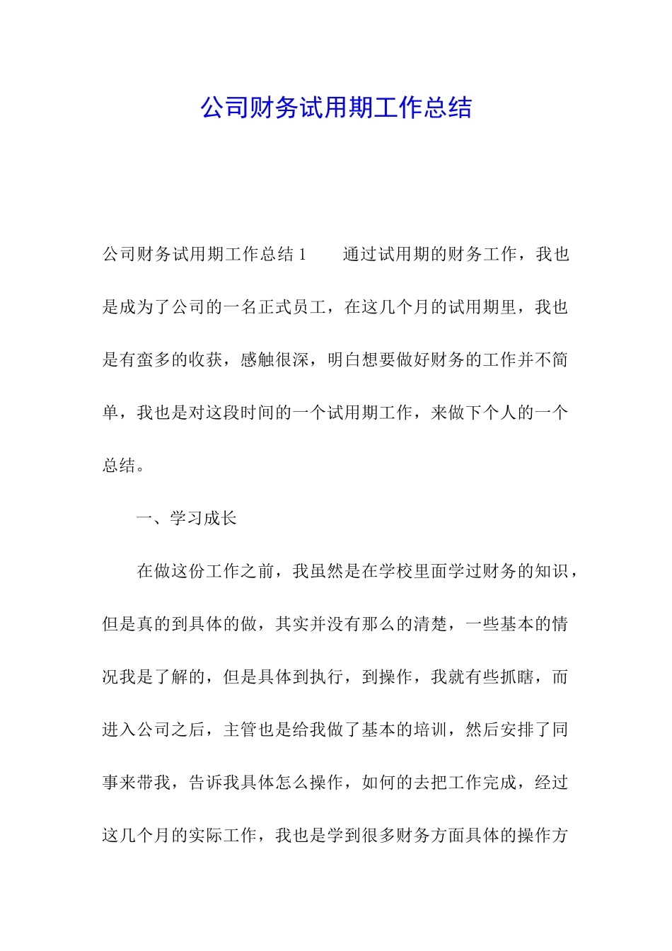 公司财务试用期工作总结_第1页