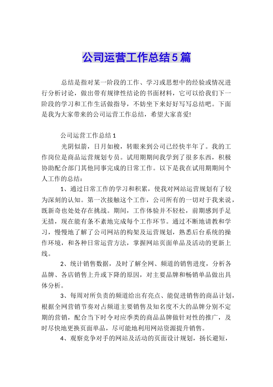 公司运营工作总结5篇_第1页