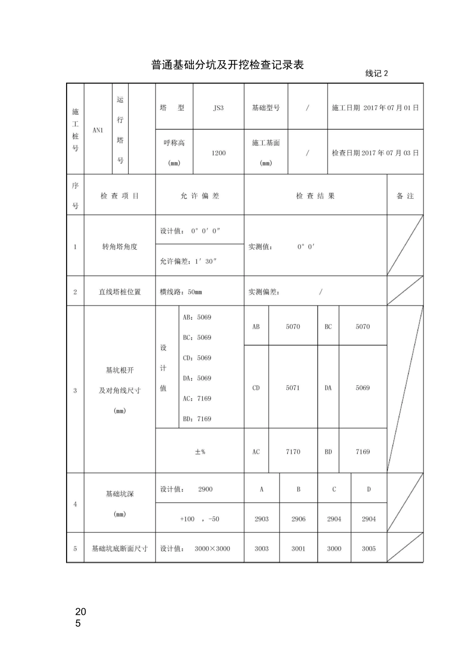 基础分坑及开挖检查记录表(线记2)_第1页
