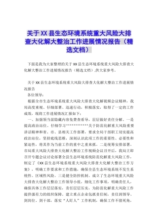 关于XX县生态环境系统重大风险大排查大化解大整治工作进展情况报告