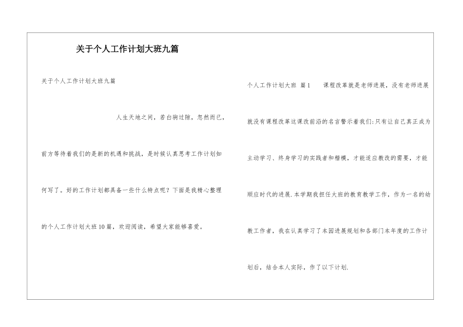 关于个人工作计划大班九篇_第1页