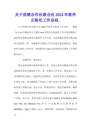 关于供销合作社联合社2024年软件正版化工作总结