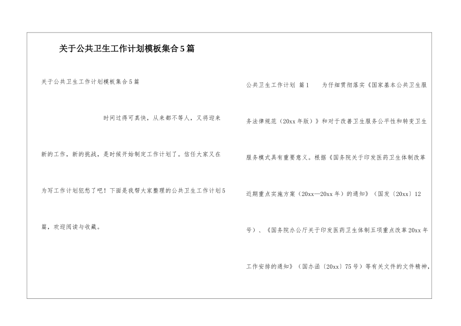 关于公共卫生工作计划模板集合5篇_第1页