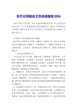 关于公司综合工作总结报告2024