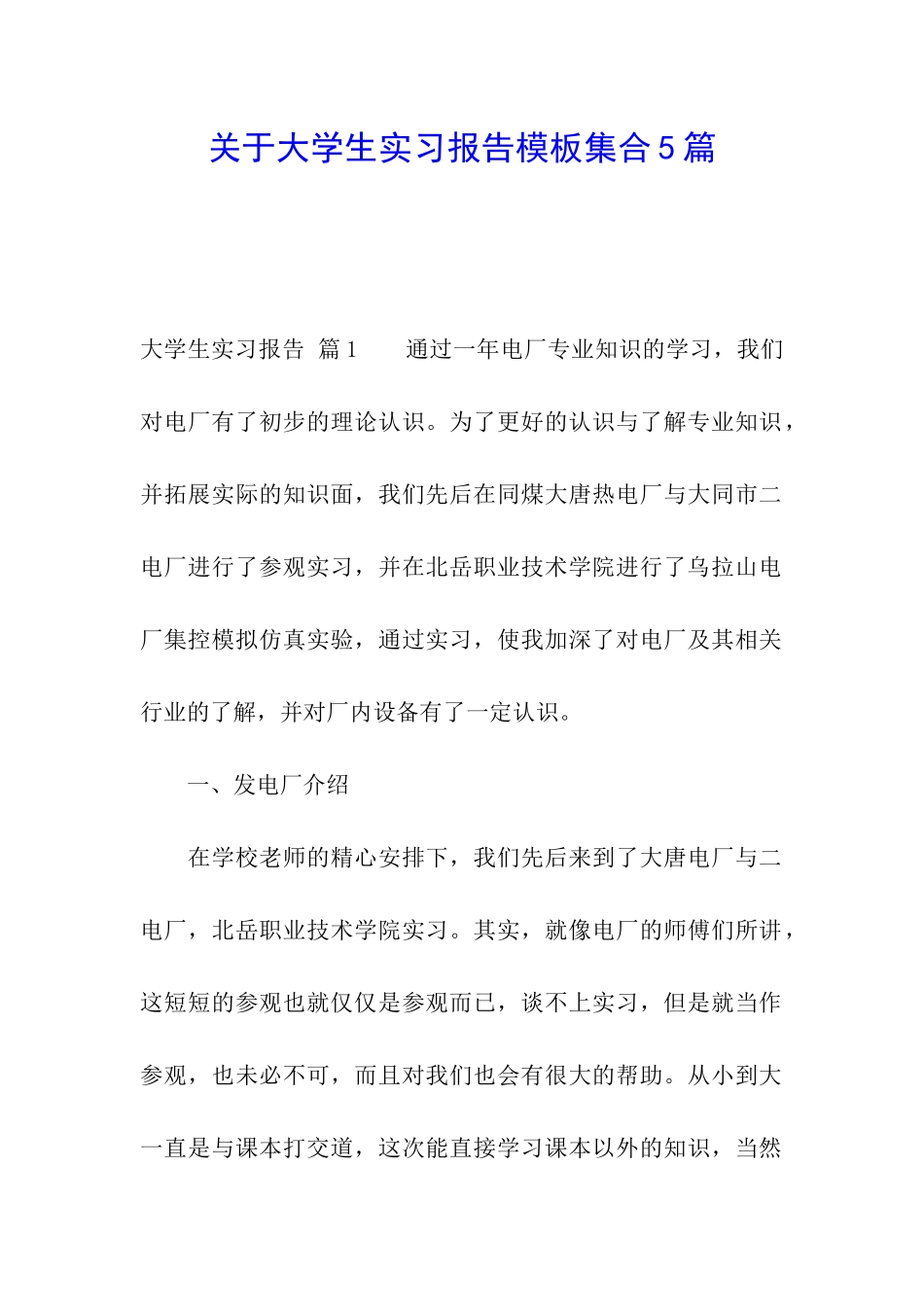 关于大学生实习报告模板集合5篇_第1页
