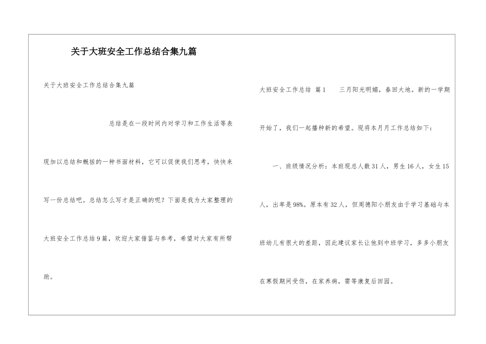 关于大班安全工作总结合集九篇_第1页