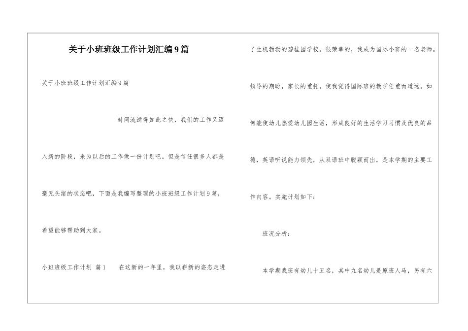 关于小班班级工作计划汇编9篇_第1页