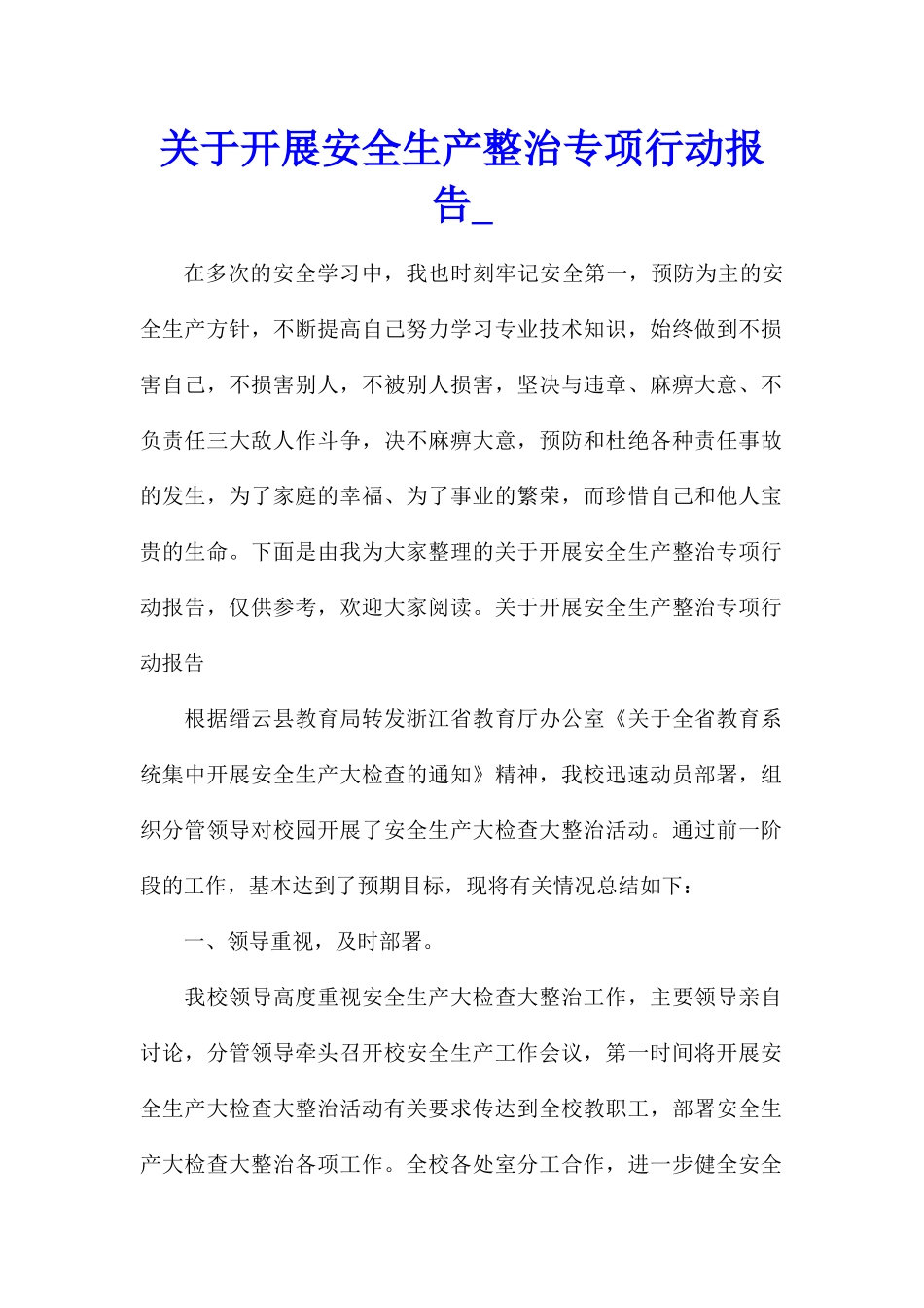 关于开展安全生产整治专项行动报告_第1页