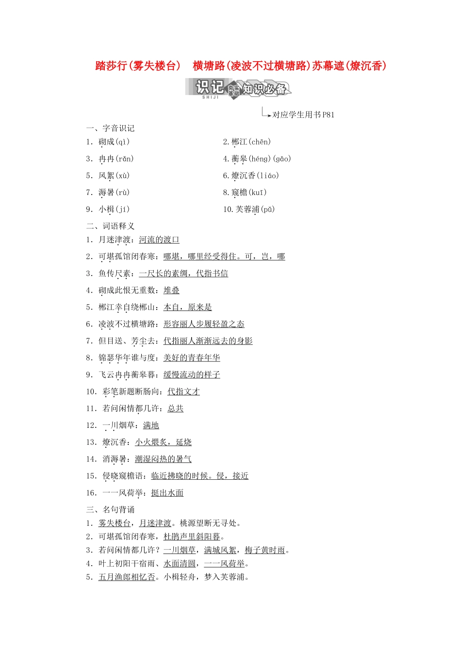 高中语文 专题十 第二板块 踏莎行（雾失楼台）横塘路（凌波不过横塘路）苏幕遮（燎沉香）学案 苏教版选修《唐诗宋词选读》-苏教版高中《唐诗宋词选读》语文学案_第1页