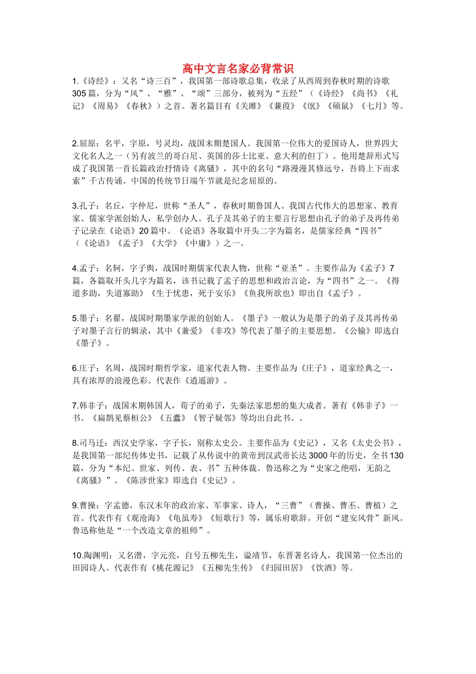 高中语文 文言名家必背常识素材_第1页