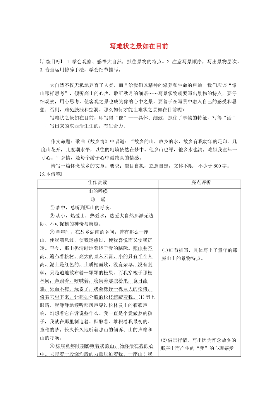 高中语文 专题四 像山那样思考 专题写作导学案-写难状之景如在目前 苏教版必修1-苏教版高一必修1语文学案_第1页