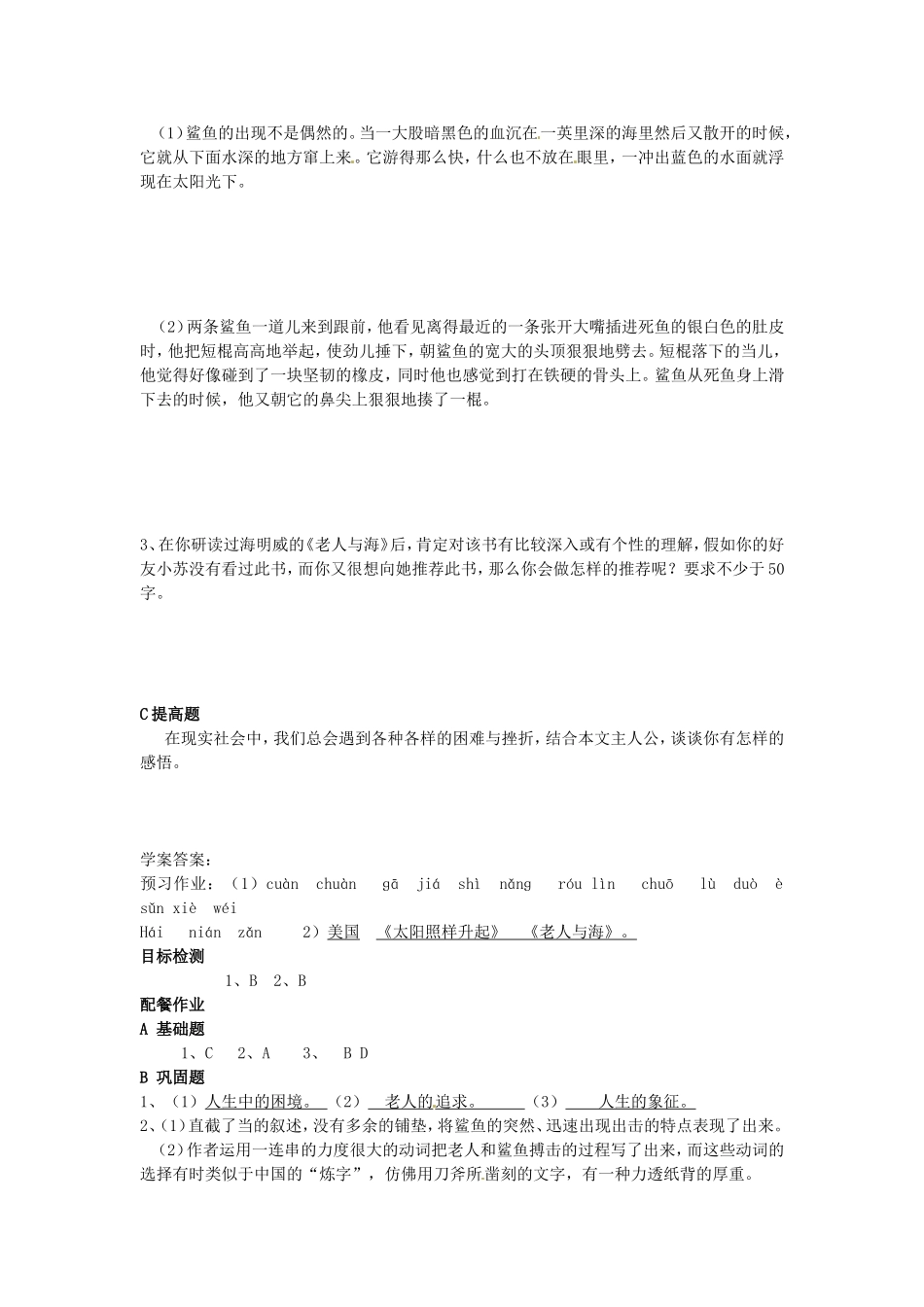高中语文 第3课《老人与海》学案 新人教版必修3-新人教版高一必修3语文学案_第3页