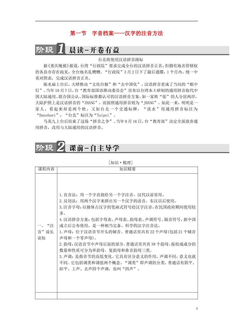 高中语文 第2课 千言万语总关音 第1节 字音档案-汉字的注音方法讲义 新人教版选修《语言文字应用》-新人教版高中《语言文字应用》语文学案_第1页
