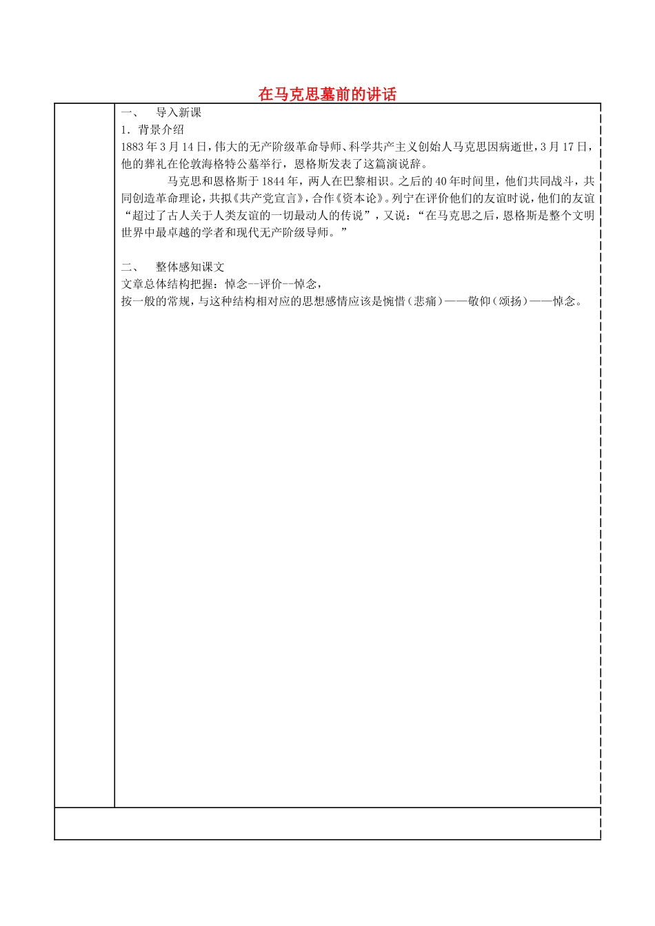 高中语文 第13课《在马克思墓前的讲话》学案 新人教版必修2-新人教版高一必修2语文学案_第1页