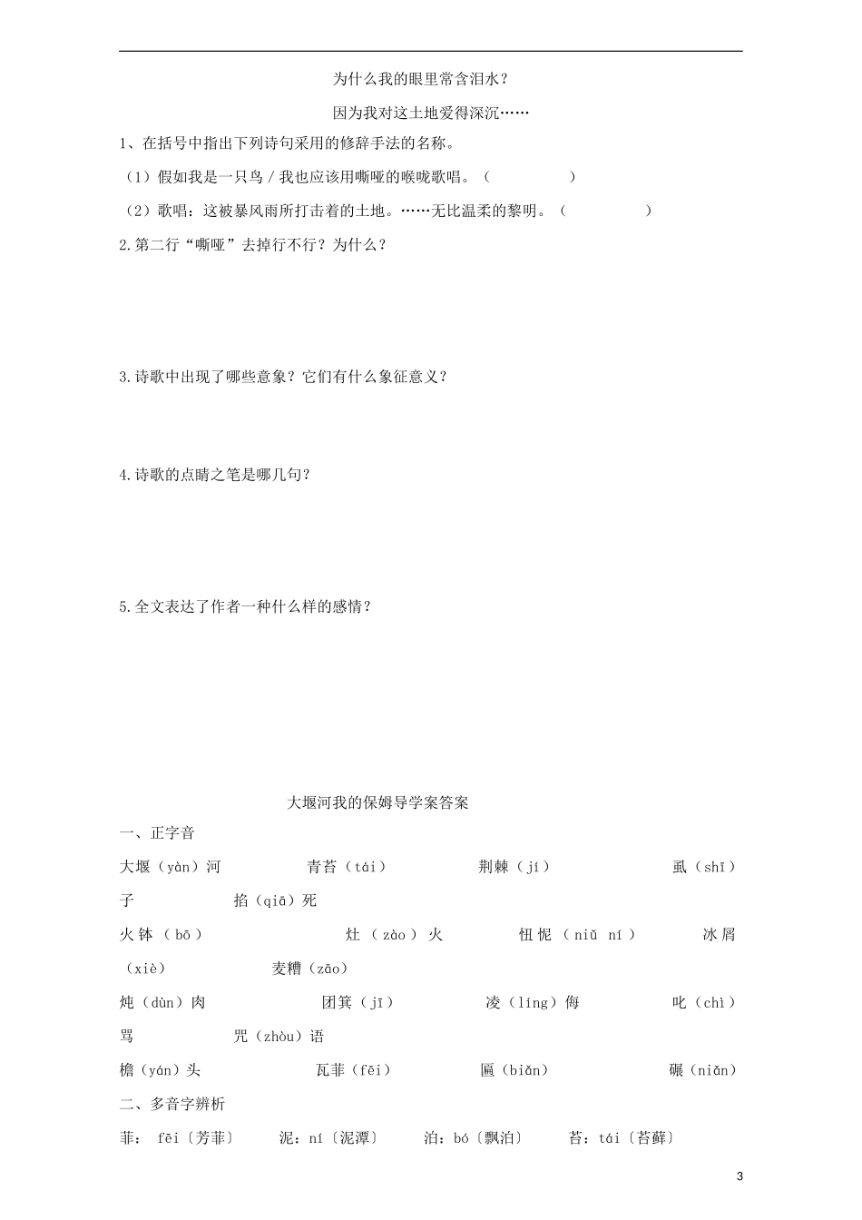 高中语文 第3课 大堰河我的保姆导学案 新人教版必修1-新人教版高一必修1语文学案_第3页