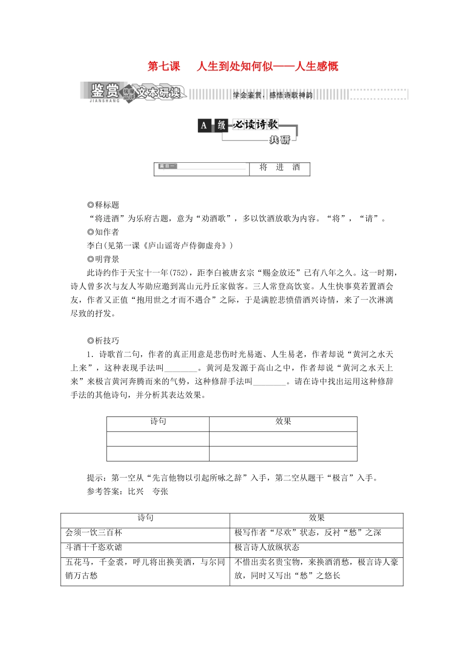 高中语文 第一部分 唐宋诗 第七课 人生到处知何似——人生感慨教学案 语文版选修唐宋诗词鉴赏-语文版高二选修语文教学案_第1页