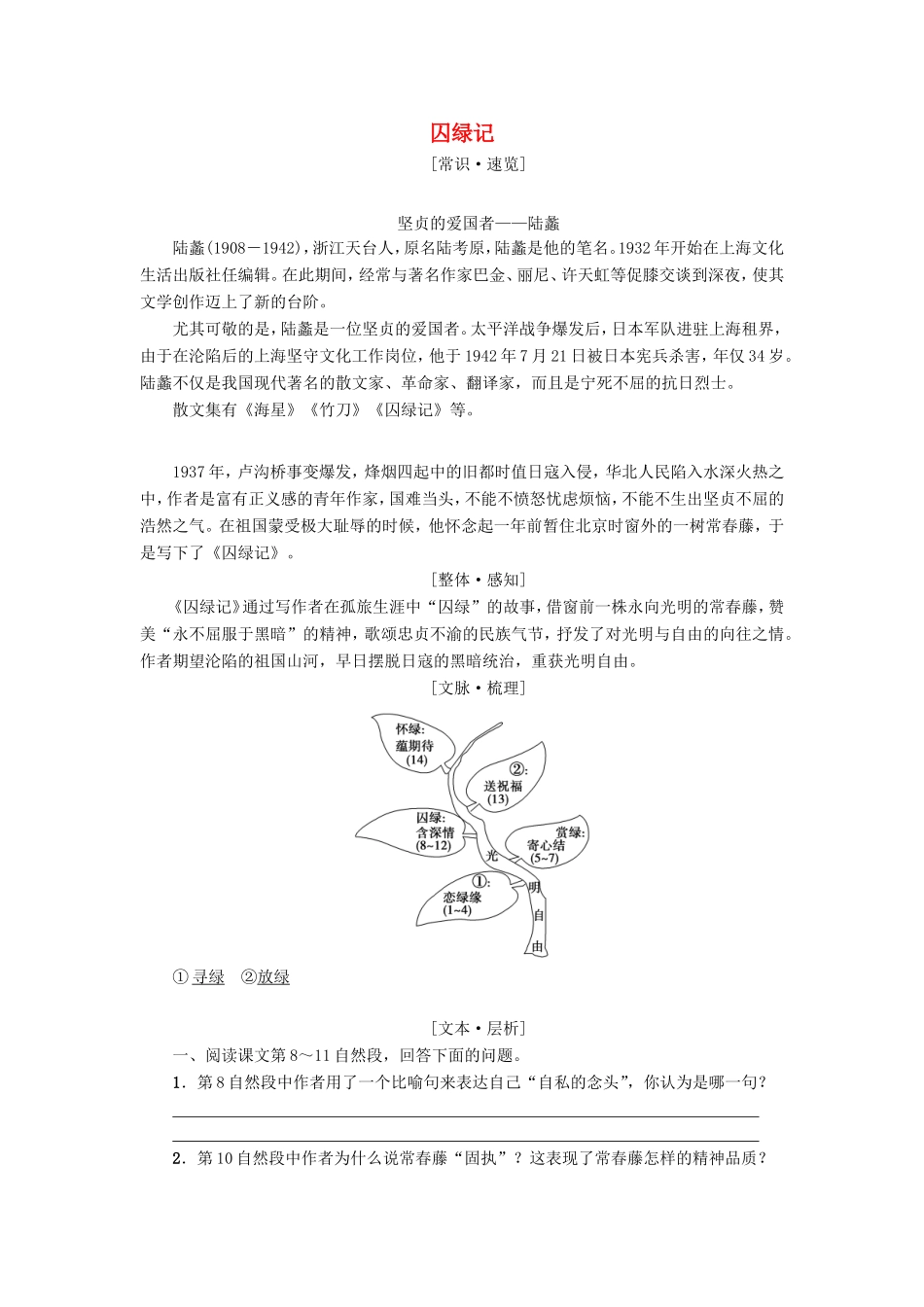 高中语文 第一单元 第3课 囚绿记学案5 新人教版必修2-新人教版高一必修2语文学案_第1页