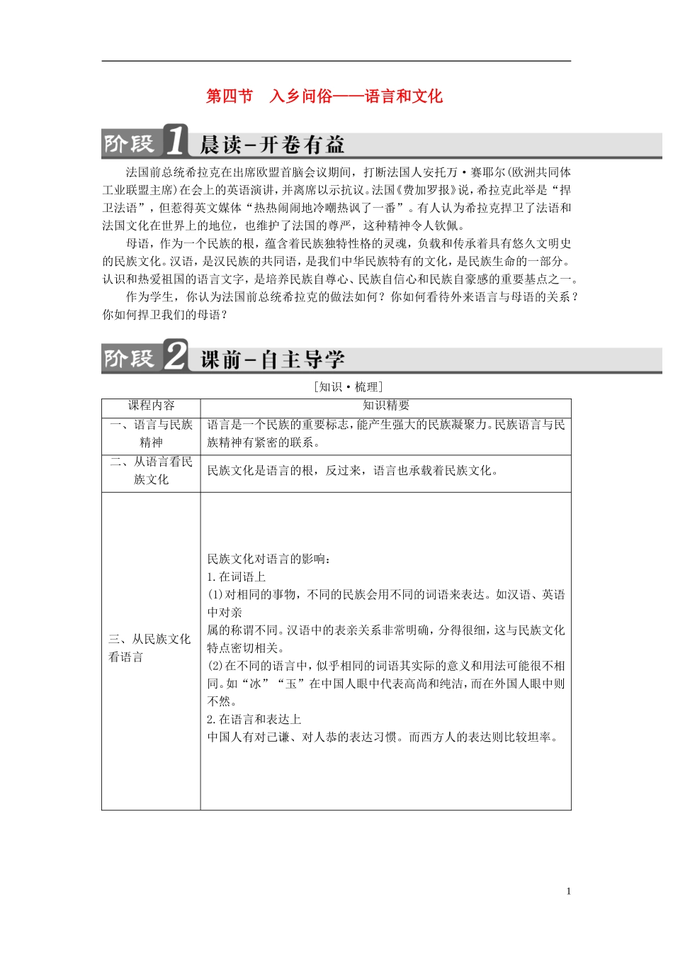 高中语文 第6课 语言的艺术 第4节 入乡问俗-语言和文化讲义 新人教版选修《语言文字应用》-新人教版高中《语言文字应用》语文学案_第1页