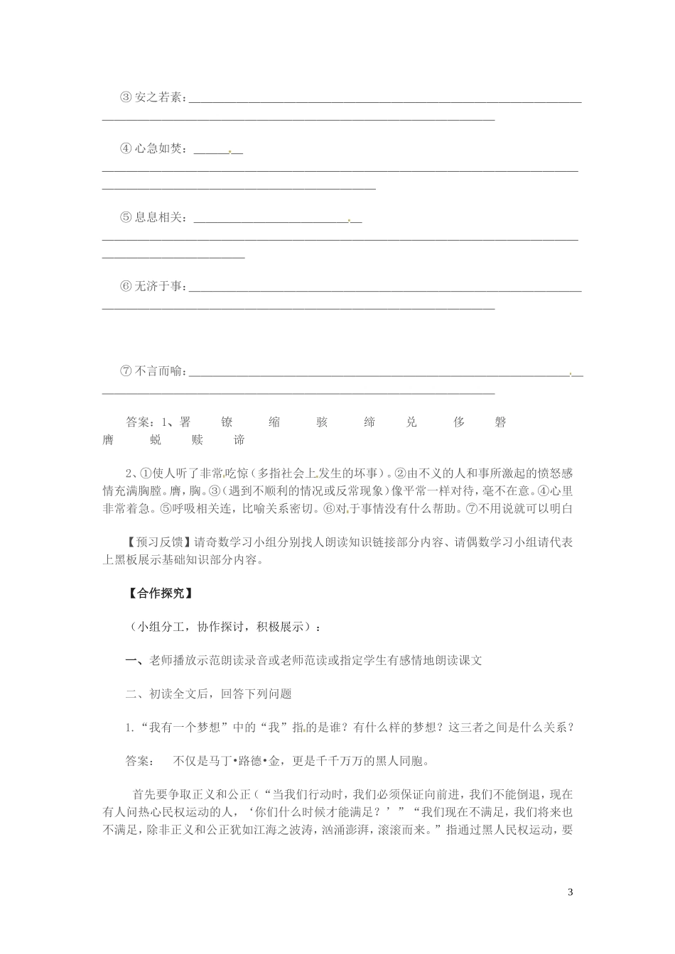 高中语文 第一单元 我有一个梦想 我有一个梦想第一课时学案 苏教版必修4-苏教版高一必修4语文学案_第3页