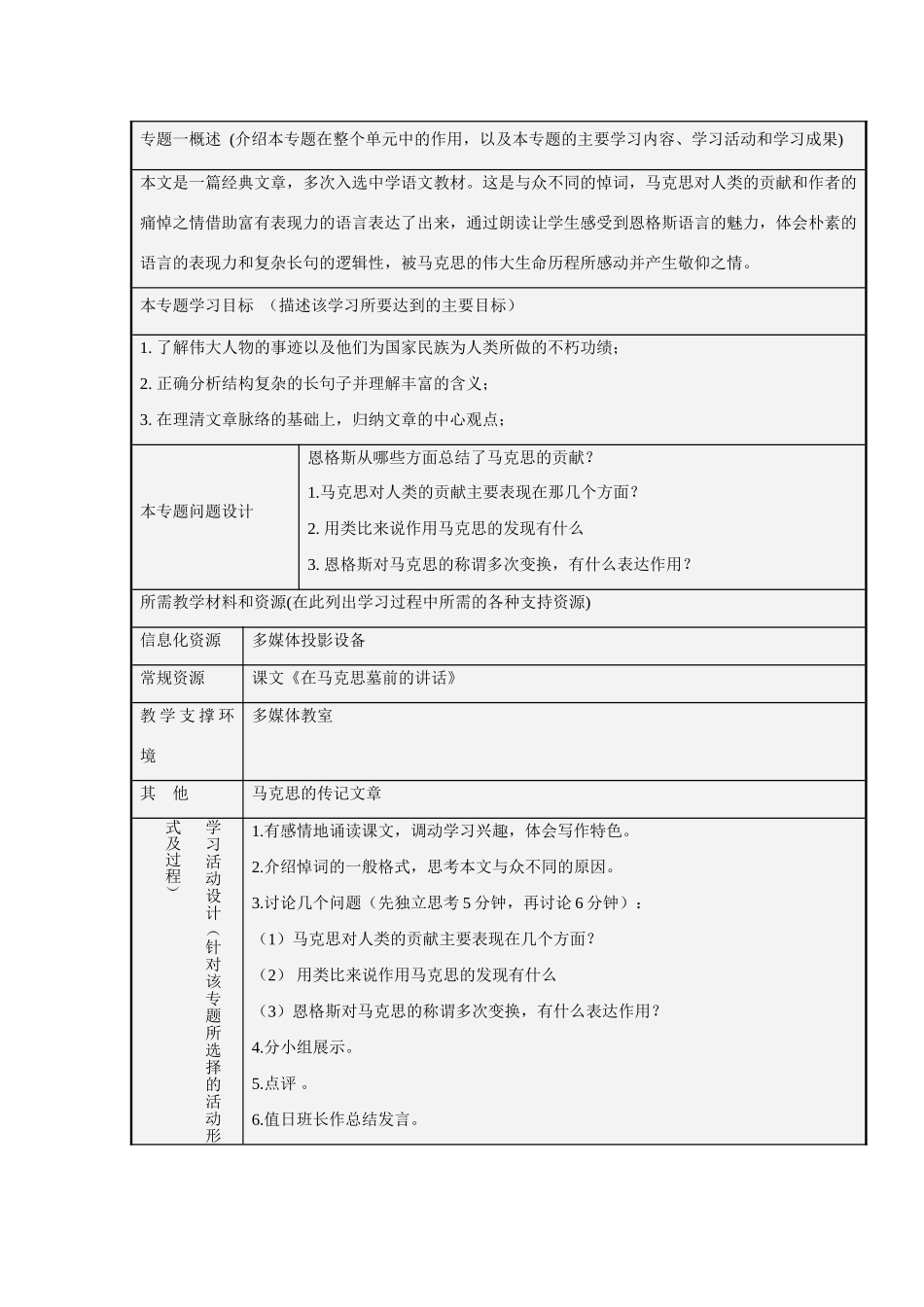 高中语文 第一专题 我有一个梦想 英名与事业主题单元设计教案 苏教版必修4_第3页