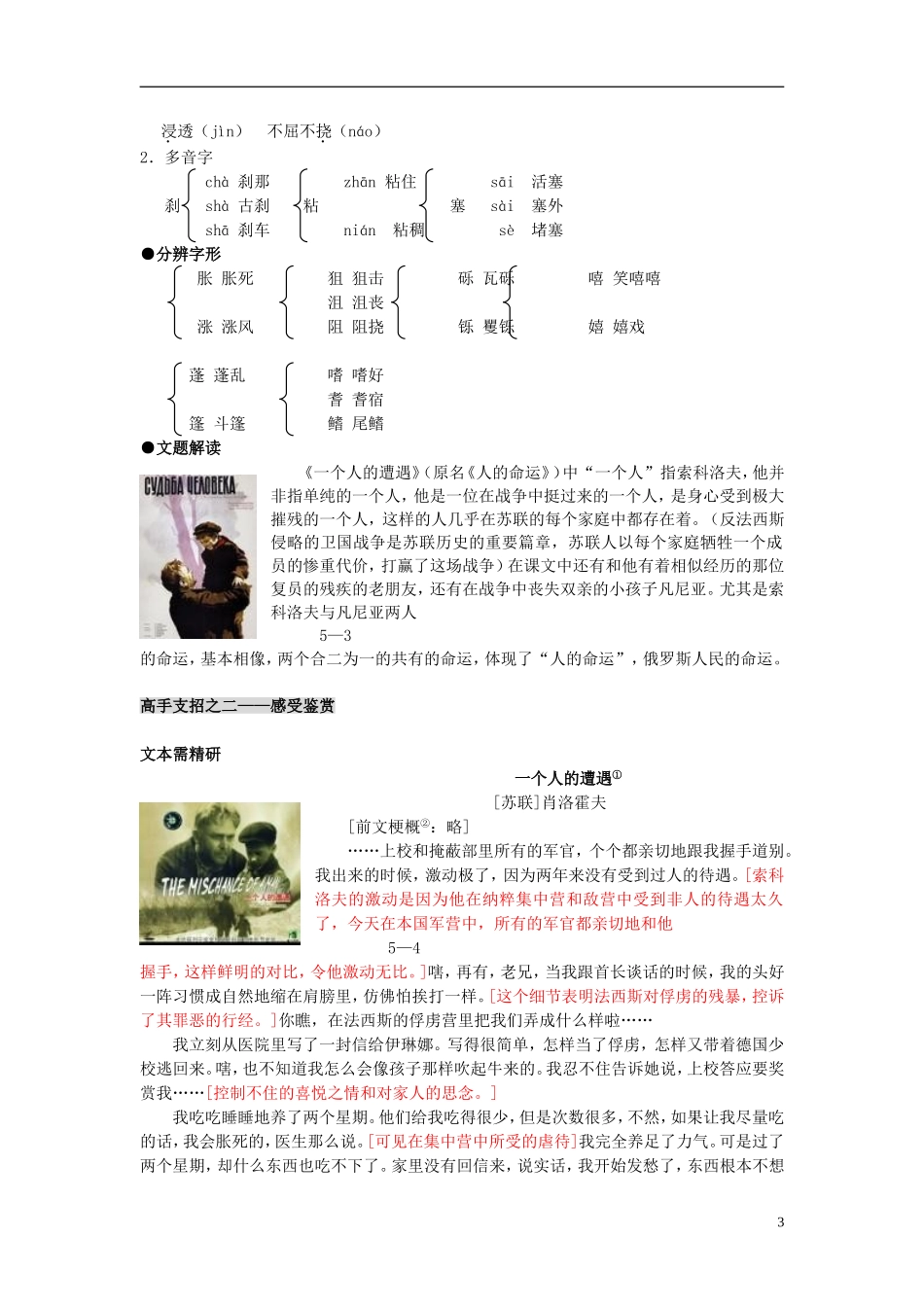 高中语文 第一专题《一个人的遭遇 》导学案 苏教版必修2-苏教版高一必修2语文学案_第3页