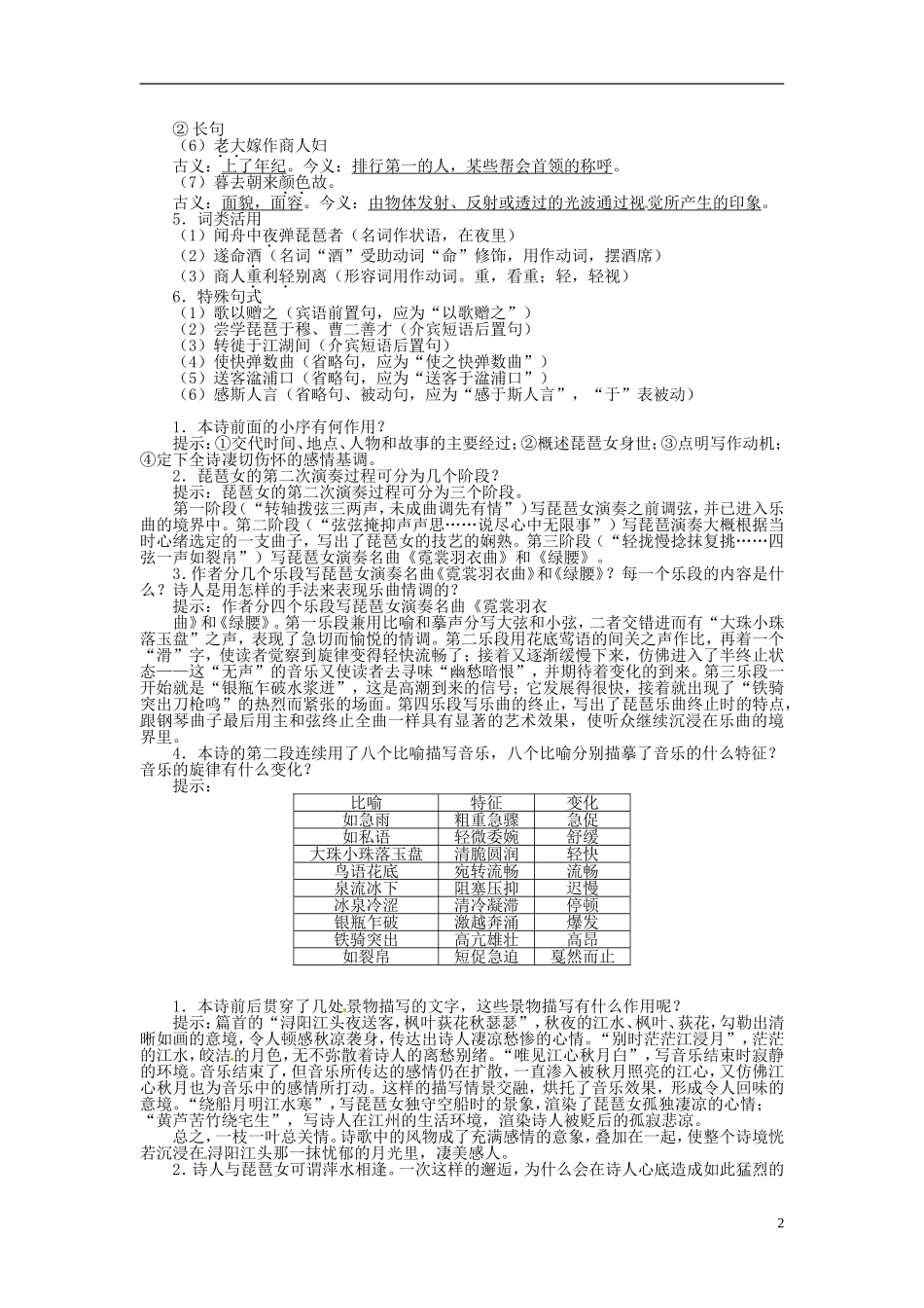 高中语文 第三单元 琵琶行并序导学案 苏教版必修4-苏教版高一必修4语文学案_第2页